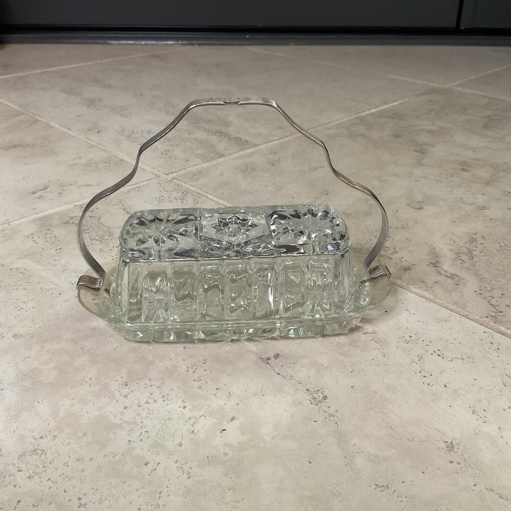 Vintage Clear Pressed Glass Butter Dish with Silver Tone Metal Swing Handle